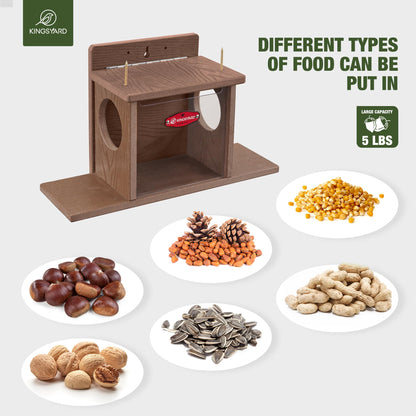 Kingsyard Squirrel Feeder Box for Outside, Recycled Plastic Squirrel Feeder Box with Corn Cob Holders, Easy to Refill & Clean, Weather-Proof (Brown)