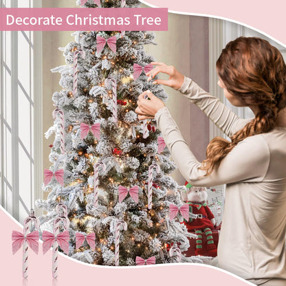 12 Pcs Candy Cane Christmas Decorations,5.5inch Glitter Candy Cane Bows for Xmas Tree Hanging Ornament Holiday Festival Party Home Decoration (Pink)