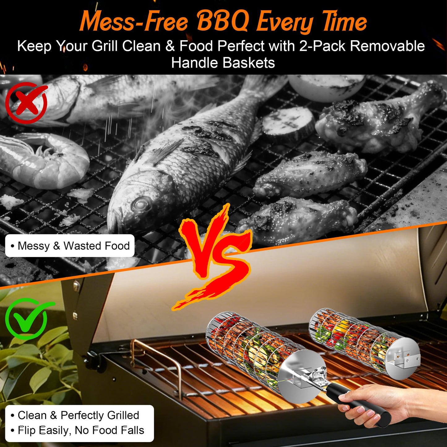 Rolling Grill Baskets for Outdoor Grill, 2PCS BBQ Grilling Basket with Removable Wooden Handle, Stainless Steel Camping Cooking Grill Accessories for Meat Fish Vegetable Seafood, Gifts for Men Dad Husband
