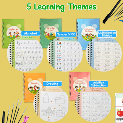 Creative Steps Magic Grooved Writing Practice Books for Kids Ages 3-5 - Reusable Handwriting Workbook Set with 5 Tracing Books, 2 Pens & 10 Refills - Alphabet Numbers Math Drawing Learning Toys for Preschool Toddlers