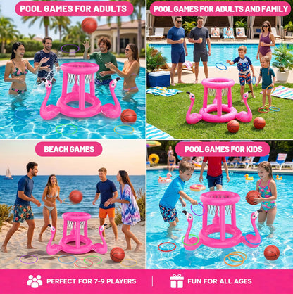 H-Style Pool Toys Pool Floats Pool Games for Kids Adult, Inflatable Pool Basketball Hoop & Ring Toss Game, 2-in-1 Pool Floating Outdoor Party Water Toy for Adults Family Kids Ages 4-8-12 (Pink-1)