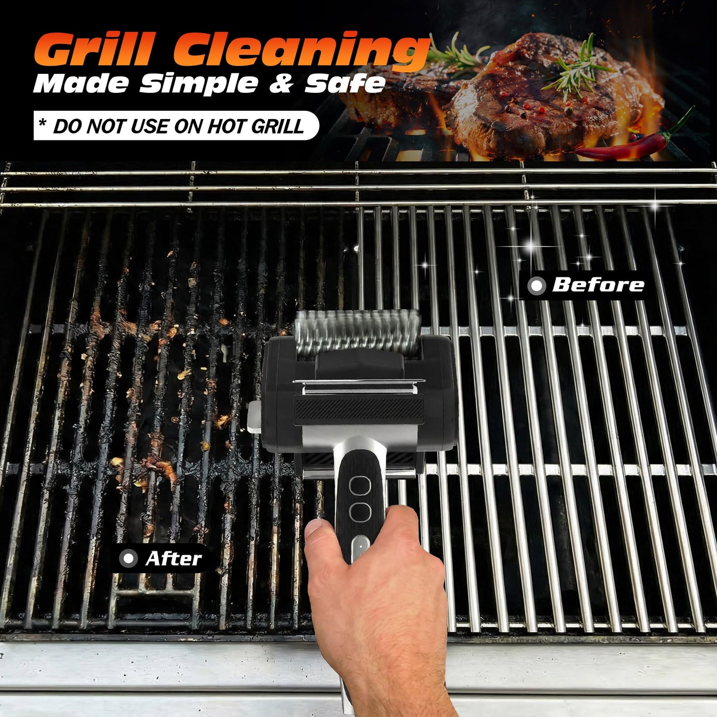 Electric Grill Brush for Outdoor Grill, Rechargeable BBQ Grill Cleaner Stainless Steel Brush with 450RPM Stainless Roller,LED Light, Scraper,Grilling Gifts for Men/Dad