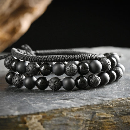 SAMXY Mens Bracelets Beads-8MM Black Onyx Obsidian Lava Stone Beads-3Pcs Handmade Natural Stone Crystal Healing Bracelet-Triple Protection Bracelet for Men Women Gifts