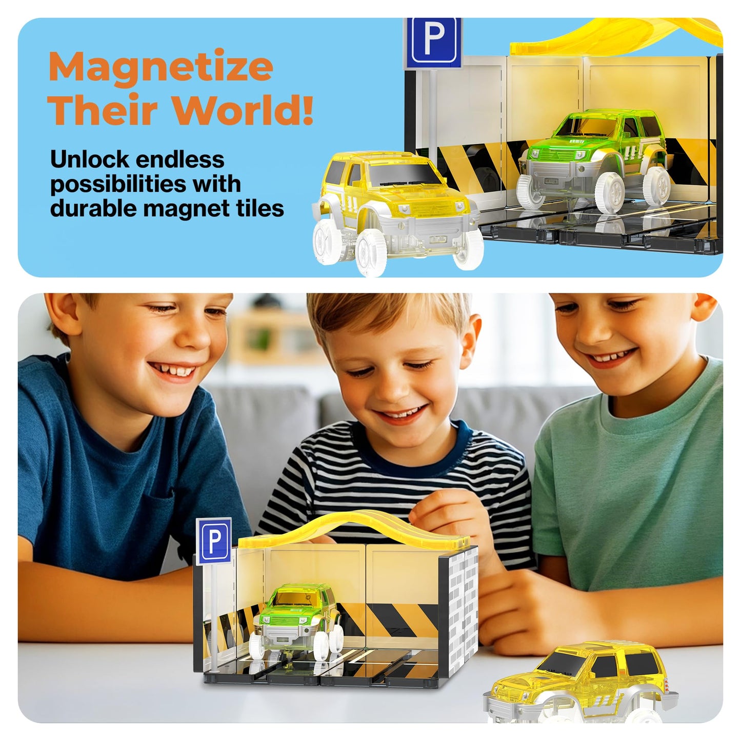 PicassoTiles Magnetic Tiles Race Car Track Kit Parking Garage Expansion Pack with 2 Cars Magnet Tile Building Blocks Educational Toy Learning Kit Pretend Play Construction Set Kids Child Ages 3+ PTR07