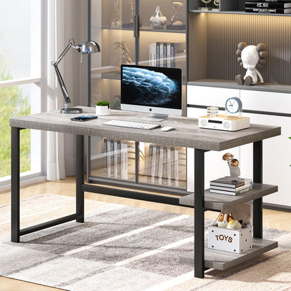 FOLUBAN 47 Inch Home Office Desk, Modern Computer Desk with Storage Shelves, Small Study Writing Gaming Table Workstation for Living Room Bedroom, Industrial Light Grey