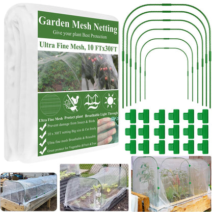Garden Mesh Netting Kit, Plant Covers 10x30Ft Ultra Fine Mesh Netting & 6Pcs Garden Hoops &18 Clip, Garden Netting Kit for Raised Beds Plants Pest Barrier Greenhouse Row Cover Animal Protection Net