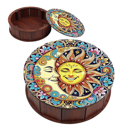 antor Sun & Moon Diamond Painting Storage Box, Round Wooden DIY 5D Crystal Diamond Art Desktop Ornament Organizer, Handmade Jewelry or Money Storage Box, Home Office Decor Crafts Gifts