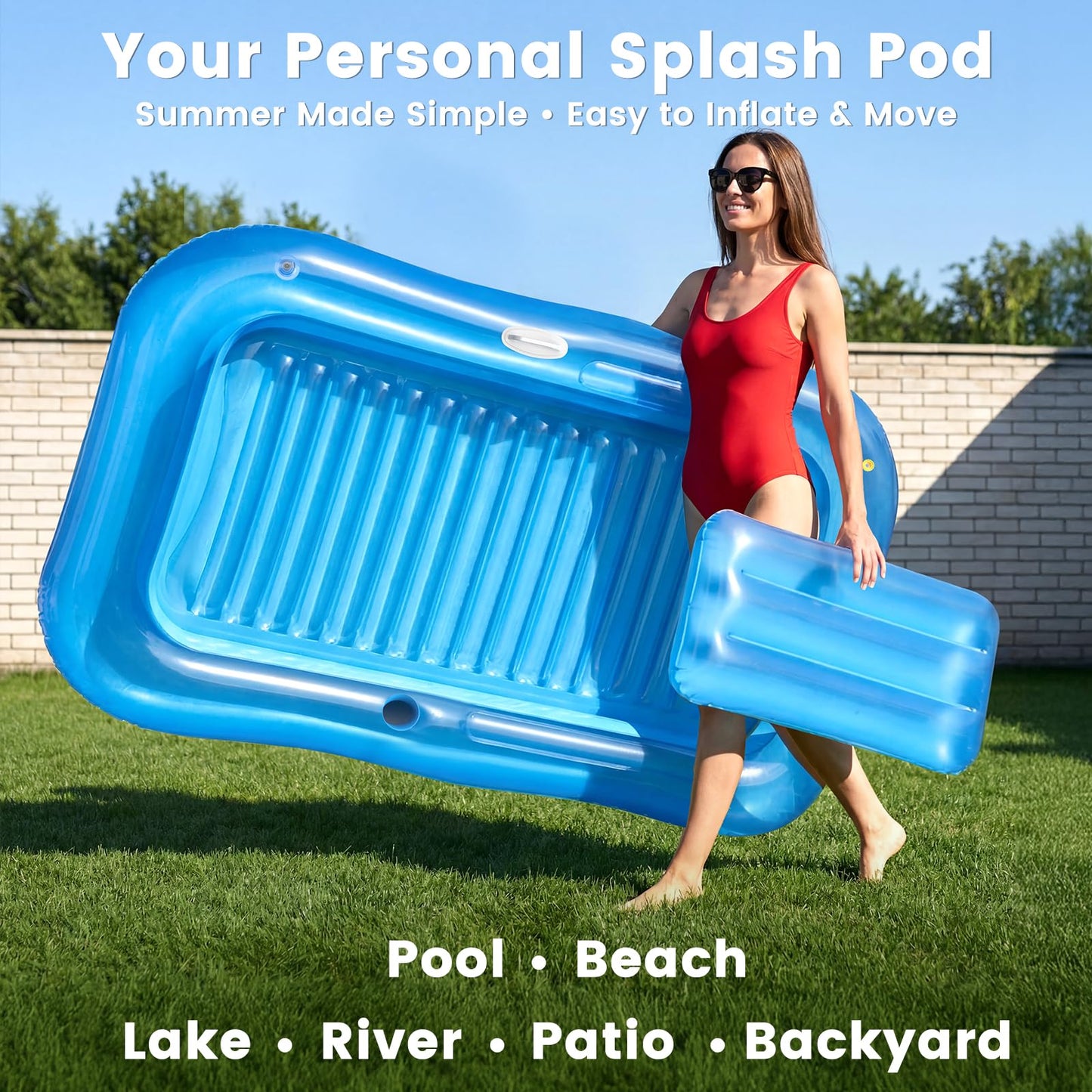 Inflatable Tanning Pool Lounger Float with Sprinkler, 77" x 48" XL Tanning Pool for Adults with Pillow & Cup Holder, 6 in 1 Suntan Tub Sunbathing Bed Pool Floats Adult for Backyard, Beach & Lake
