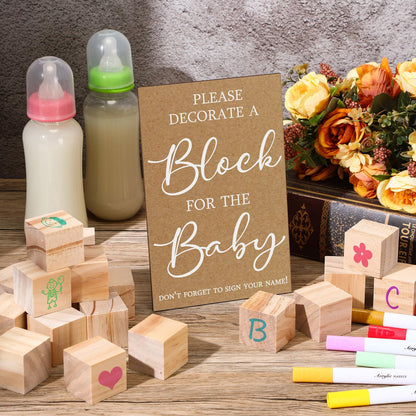 Tatuo 75 Pcs Baby Shower Block Games Here Comes The Son Baby Shower Decor 50 Blank Wooden Blocks 1 Decorate a Block Sign and 24 Paint Markers Party Decorations Activities for Guests(Kraft)