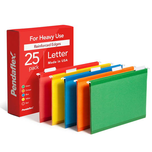 Pendaflex Hanging File Folders, 25 Pack, Letter Size (8.5" x 11"), Assorted Colors: Green, Blue, Red, Yellow, Orange, 5 Tab Positions, Reinforced, Includes Tabs and Inserts, Durable Hanging Files