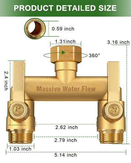 Hose Splitter 2 Way Heavy Duty, Solid Brass Full Flow Outdoor Faucet and Garden Hose Splitters, Water Spigot Splitter T Adapter, All Metal Water Connector with Shut-Off Valve, 3/4 - Inch GHT Thread