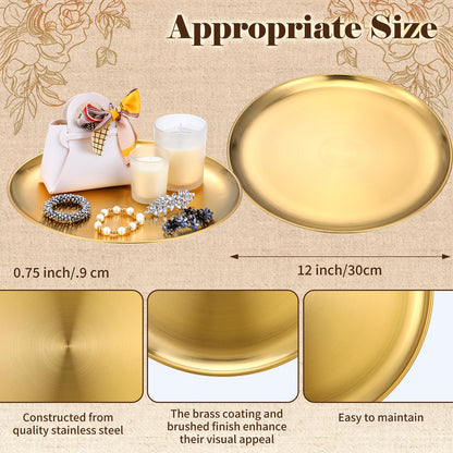 6 Pcs 12 Inch Round Gold Tray - Large Gold Tray Decorative Serving Bar Dish Key Bowl Mirror Dresser Vanity Tray for Jewelry Makeup Organizer, Bathroom, Candle, Perfume, Countertop