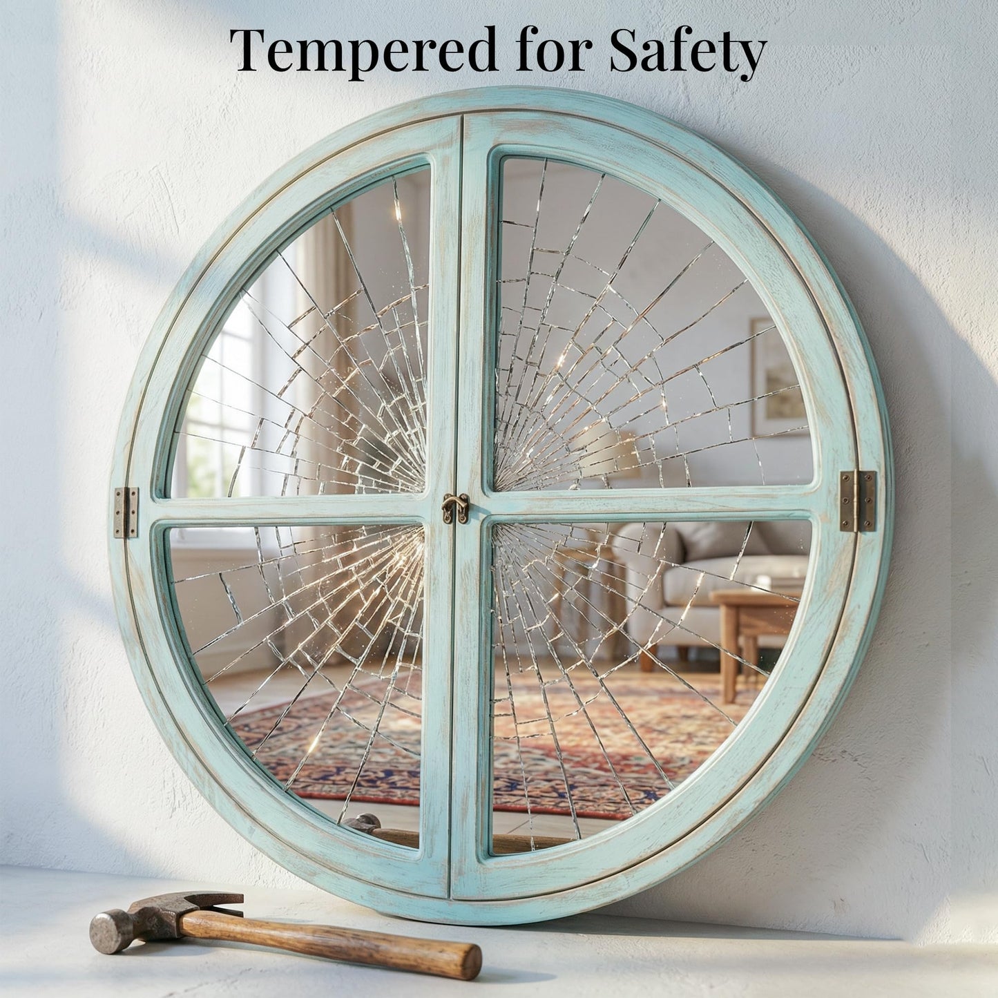Pocetry 30" Round Window Mirror, Solid Wood Faux Windowpanes Wall Decor with Shatterproof Glass, Distressed Teal Coastal Farmhouse Accent Mirror for Entryway, Living Room, or Dining Room