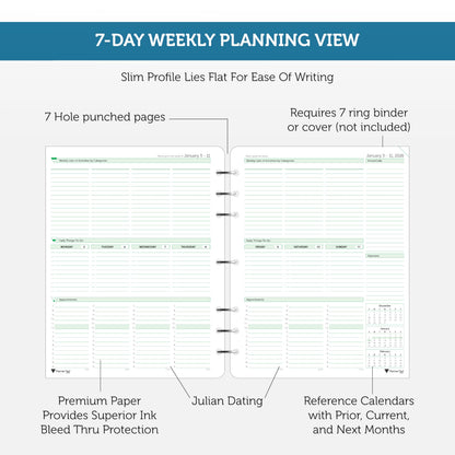Planner Pad 7 Hole Loose Leaf January-December 2026/ Calendar Year 8 1/2" x 11" Large 3-Tier Funnel Down 12 Month Organizer, Soft Green Ink