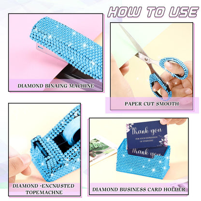 Demissle 6 Pcs Bling Office Desk Accessories Set Crystal School Stationery Kit Scissor Stapler with Staple, Tape Dispenser, Diamond Pen, Staple Remover, Binder Clip, Paper Clip, Push Pins(Blue)