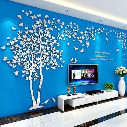 Family Tree Wall Decor Decals - DIY 3D Tree of Life Wall Art Large Decal Stickers Silver Decor Living Room Mural for Bedroom Hallway Home TV Background (Silver Left,M-98X51in)