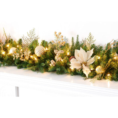 AMERZEST 9Ft Christmas Garland Prelit with Gold Berries and Balls,Flower and 50 Lights Plug in,Holiday Decoration Fireplace Stairs Mantle Door Indoor Outdoor