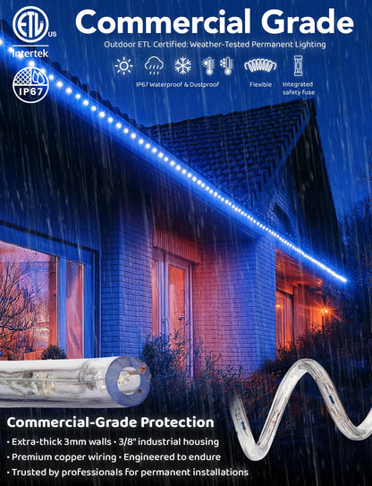WYZworks 1116LEDs, 100ft LED Outside Rope Lights, Waterproof Permanent Outdoor ETL Certified Connectable Clear Tube, Christmas Palm Tree Holiday Decorative Landscape Patio Accent Lighting - Blue