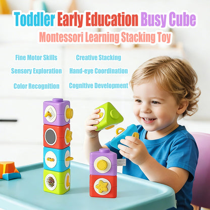HUNKING Activity Cubes & Stacking Toy Blocks Set of 4,12-in-1 Montessori Toys for 1-2 Years Old,Educational Activities Sensory Travel Toys for Airplane & Car, Perfect Birthday for Toddlers