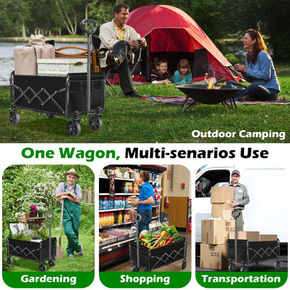 Collapsible Wagons Carts Foldable Wagon, Foldable Wagon Cart with Wheels, Folding Wagons for Beach Camp Sports Garden, 2 Cup Holders/Lightweight Portable/Black/360 LBS