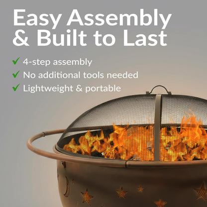 Sunnydaze Cosmic 42-Inch Large Outdoor Fire Pit - Wood-Burning Fire Pit with Round Spark Screen, Poker, and Built-in Grate
