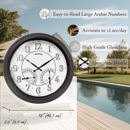FOUNTAIN DESIGNS 18 Inch Illuminated in/Outdoor Clock with Smart Sensor and Night Light, Waterproof, Large Wall Clock with Thermometer & Hygrometer for Patio,Pool and Garden Decor,Oil Rubbed Bronze