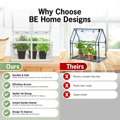 Mini Tabletop Greenhouse 12"x8" – Compact Indoor Plant House with Clear Acrylic Panels & Wood Frame with 4" Pots for Herbs, Seedlings, Cuttings & Propagation - Cat Safe