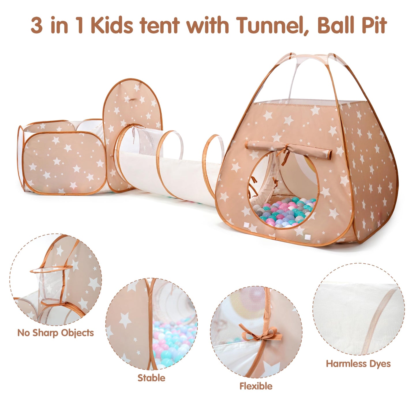 3 in 1 Pop Up Kids Play Tent with Tunnel and Ball Pit for Kids, Boys, Girls, Babies and Toddlers, Indoor/Outdoor Playhouse, Brown/Apricot