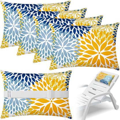 Lineshading 4 Pcs Chaise Lounge Pillow with Strap Outdoor Waterproof Pool Chair Neck Headrest Pillows with Adjustable Elastic Band for Beach Patio Chair Recliner(Yellow,Floral)