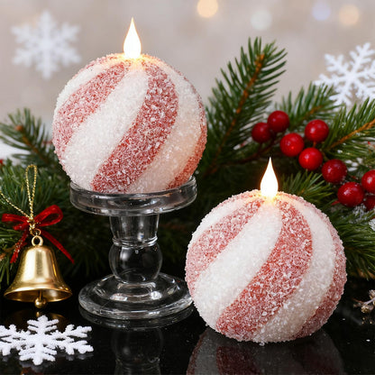 Baquler Set of 2 Christmas Candy Light Indoor Flameless Candles LED Candy Cane Light Xmas Red and White Glitter Ball Battery Operated Candles for Xmas Gift Holiday Party Room House Home Table Decor