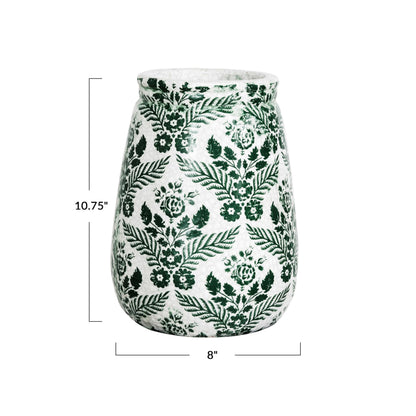 Creative Co-Op Terra-Cotta Planter Vase with Flower Pattern and Crackle Glaze, Green and White