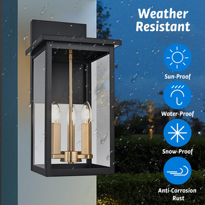 MELUCEE 3-Light Black Outdoor Wall Light Fixture, 16.5" Large Exterior Porch Light Wall Mount Farmhouse Outside Lantern Lights with Clear Glass for House, Patio, Front Door, Porch, Garage