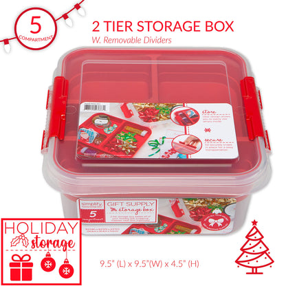 Simplify 5 Compartment Gift Supply Storage Box | 2 Tier Box | Red | Clear Top Lid | Dimensions: 9.5"x 9.5"x 4.5" | Snap Handle| Storage | Wrapping Accessories