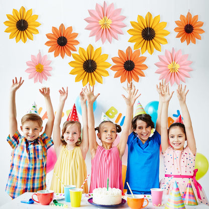 PAPER JAZZ Sunflower Party Decorations: 9 Sunflower Paper Fans & Flower Garlands, Summer Orange Pink Sunflowers, Wedding & Baby Shower Decor