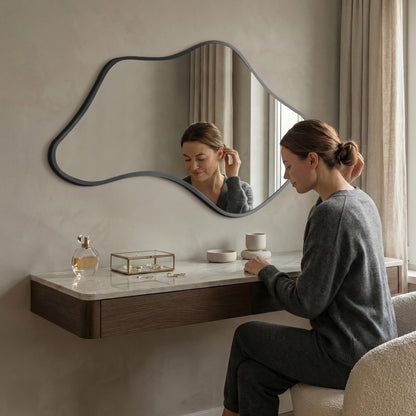 Fahomiss Asymmetrical Wall Mirror, Irregular Shaped Frameless Vanity Mirror, Modern Decorative Mirror for Entryway, Living Room, Bathroom (Black, 40" L x 24" W)