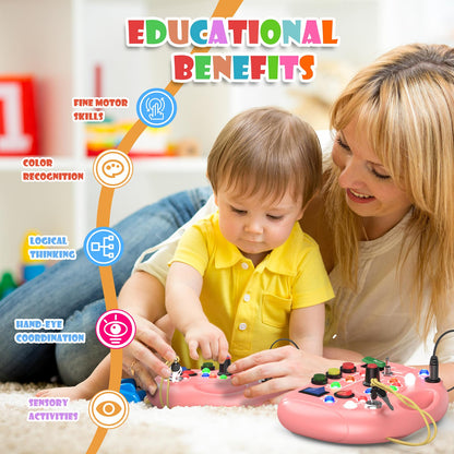 JIWORT Montessori Busy Board with LED Light for Toddlers 2-4 Year Old, Sensory Toys with Sounds & Switches, Car Driving Travel Toys for Kids, Preschool Busy Book Boy and Girls Birthday Gifts (Pink)