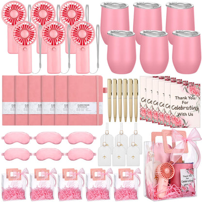 Talltalk 6 Sets Baby Shower Prizes for Game Wedding Bridal Shower Winners Gifts Guest Favors Luggage Tag Handheld Fan Cup Notebooks Silk Eye Mask Ballpoint Pen Card Bags(Pink)