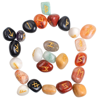 Crocon Rune Stones Sets 25 pcs Mix Chakra for Beginners with Elder Futhark Alphabets for Healing Chakra Crystals Reiki feng Shui Gemstone Runes Set Size: 15-20 mm with a Pouch & Rune brochure