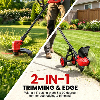 14" Weed Wacker 21V Cordless String Trimmer & Edger, Battery Powered Grass Trimmer with Auto Line Feed, 8 Replacement Spools & 2×3.0Ah Batteries Included