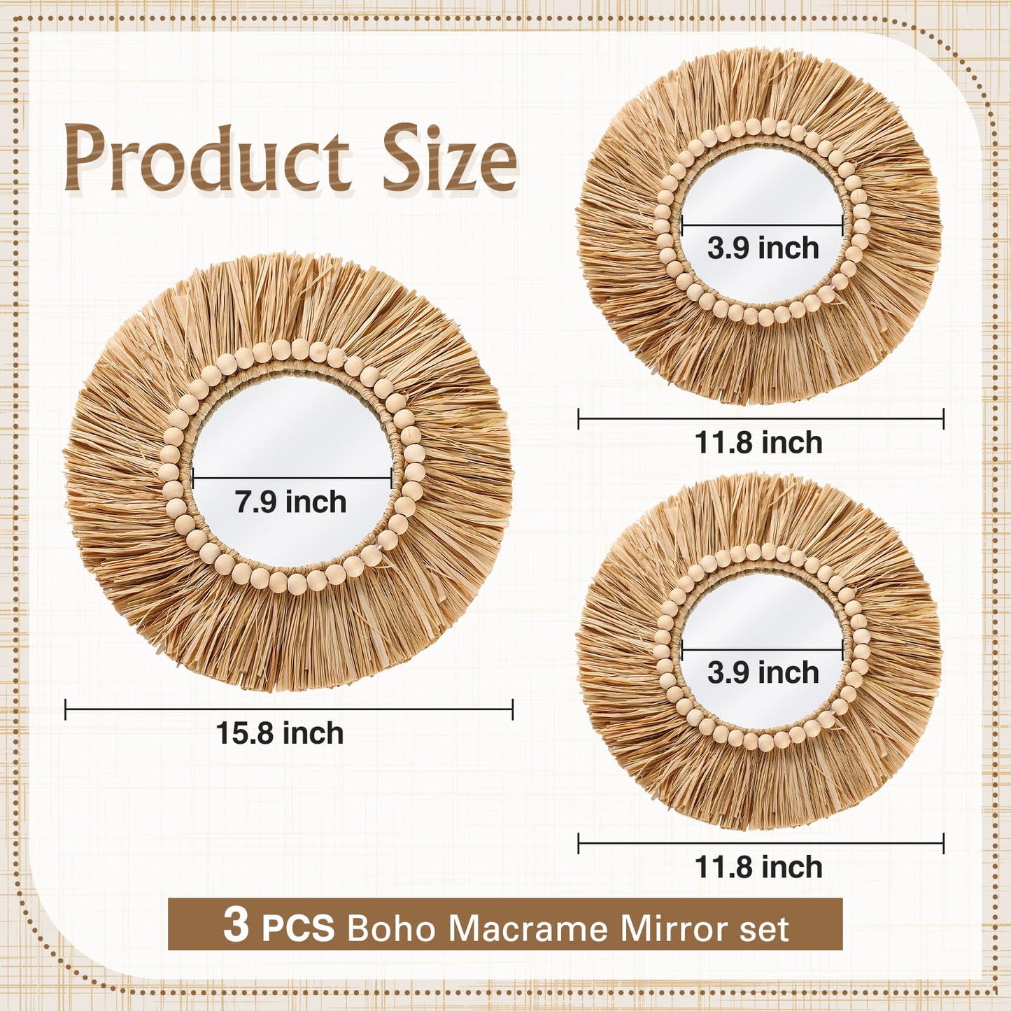 Gulfmew 3 Pcs Boho Raffia Mirror Wall Hanging Decor 15.8 Inch 11.8 Inch Rustic Round Boho Circle Mirrors with Wood Bead Farmhouse Aesthetic Nursery Mirrors for Bedroom Living Room Bathroom Wall Decor