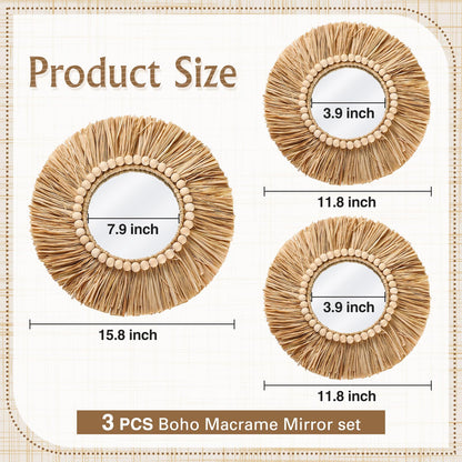 Gulfmew 3 Pcs Boho Raffia Mirror Wall Hanging Decor 15.8 Inch 11.8 Inch Rustic Round Boho Circle Mirrors with Wood Bead Farmhouse Aesthetic Nursery Mirrors for Bedroom Living Room Bathroom Wall Decor