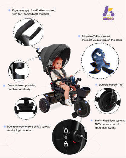 KRIDDO 7-in-1 Tricycle Stroller for Toddlers 18 Months to 5 Years, Adjustable Push Handle, Rotatable Seat, Cup Holder and Retractable Canopy, Folding Baby Trike w/Detachable Guardrail, Footrest, GY