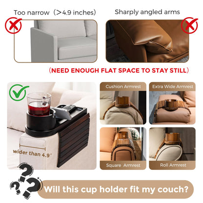 Couch Cup Holder for Armrests Over 4.9" Wide, Bamboo Couch Arm Tray with 360° Rotating Phone Stand, 3 in 1 Foldable Sofa Arm Tray Table for Remote, Snacks, Phone, Drinks Walnut