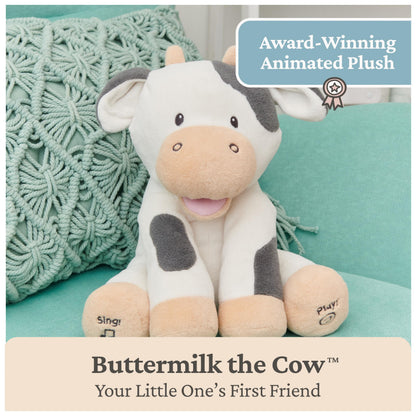 GUND Baby Buttermilk the Cow Animated Plush, Singing Stuffed Animal Sensory Toy, Sings Old Macdonald and Teaches Animal Sounds, Cream/Grey, 12”