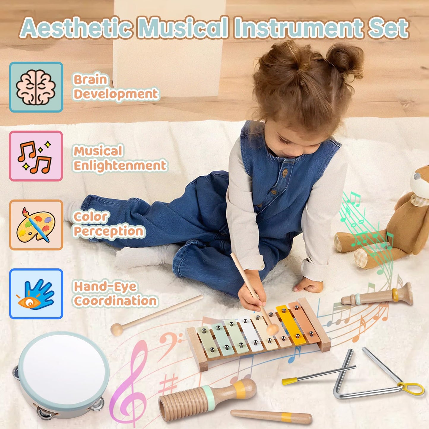Baby Musical Instruments - Toddler Musical Toys Montessori Wooden Xylophone Maracas Tambourine Percussion Set for 1 2 3 Year Old, Kids Educational Music Learning Toys, Birthday Gifts for Boys Girls