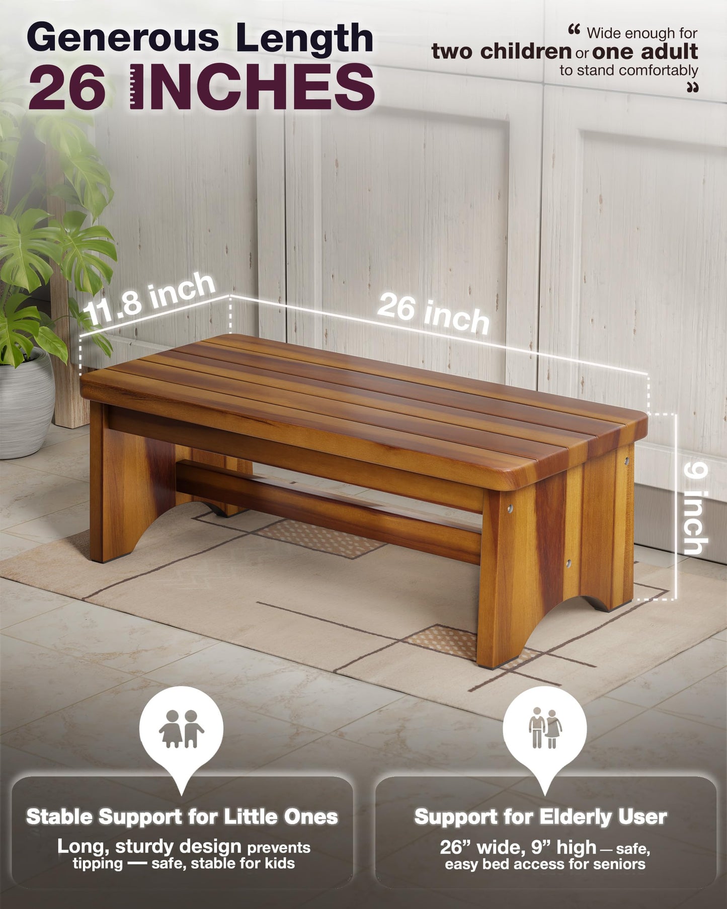 FANATU Extra Wide 26in Wooden Step Stool, Heavy Duty One Step Stool for Adults and Seniors, Holds Up to 550 lbs, Reinforced Cross Bar, Non-Skid Surface, Multipurpose Use for Kitchen, Bathroom, Bedroom