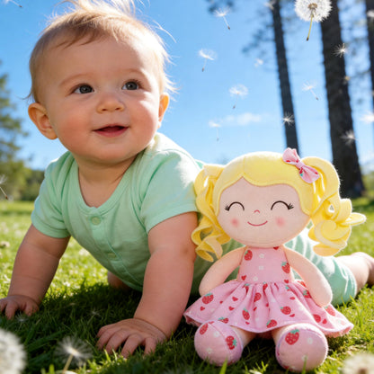 Gloveleya Baby Dolls Soft Snuggly First Baby Girl Gifts Soft Doll for Girls with Strawberry Printed Dress 12inches Fruit Series