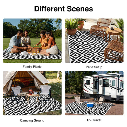 OLANLY Waterproof Outdoor Rug 5x8 ft, Outdoor Plastic Straw Rug for Camping, RV Mat Outside, Indoor Outdoor Carpet for Porch, Deck, Backyard, Balcony, Picnic, Black & White