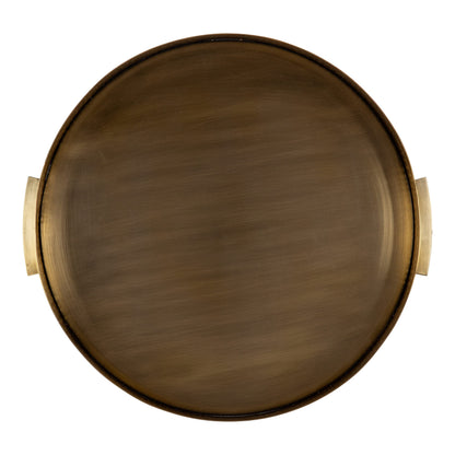 Kate and Laurel Samana Modern Glam Round Metal Tray; 17 Inch Diameter; Antique Brass; Circular Polished Decorative Tray with Hammered Surface and Minimalist Handles