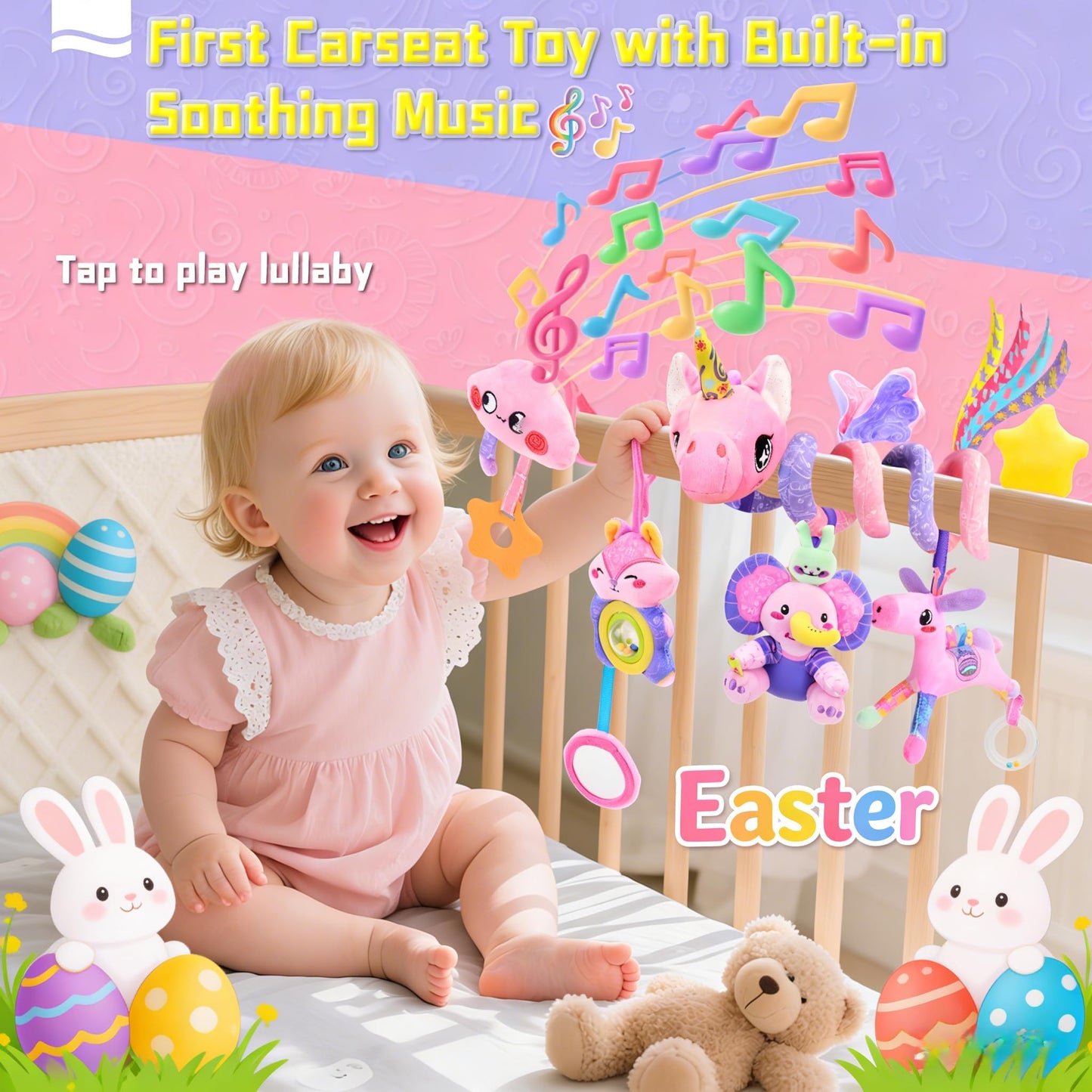 Zendstanding Musical Car Seat Toy for Babies 0-12 Months Girl, 5-in-1 Sensory Activity Hanging Toy Stroller Toy with Soothing Music, Rattle, Mirror for Newborn Infants Essential Gifts, Unicorn
